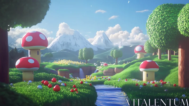 Candy-bright mushroom valley dreams beneath crystal peaks.