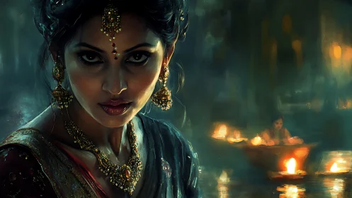 Woman in traditional jewelry by river with floating lamps.