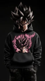 Hooded figure with spiky hair and matching character print.