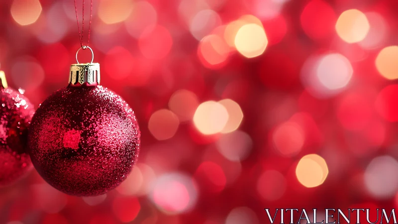 Glittered red Christmas bauble amid soft festive bokeh.