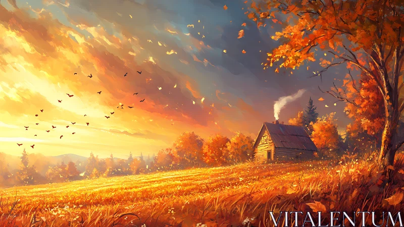 Golden autumn cabin at sunset in a glowing open field.