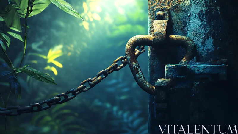 Rusted chained gate contrasts with bright jungle foliage.