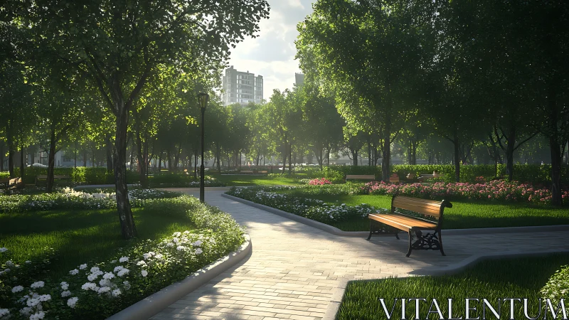Sunlit urban park walkway with benches, lawns, and flowers