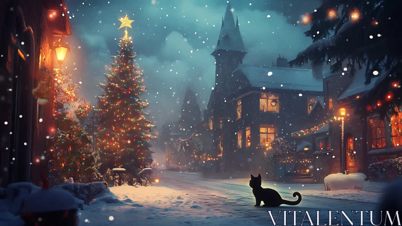 Snow-covered village street displays lit Christmas tree and cat