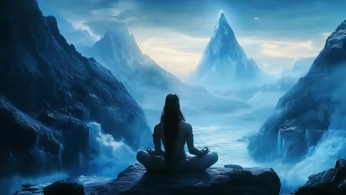 Meditating figure observes glacial canyon under volumetric blue light
