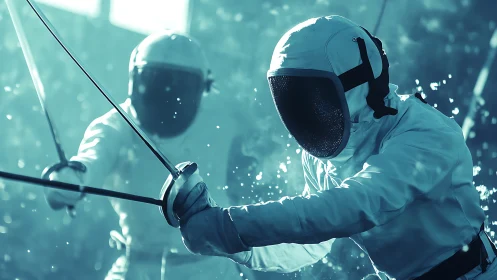 Dynamic duel between fencers in teal cinematic light.