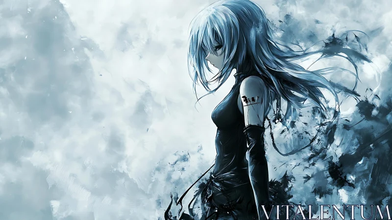 Anime ink-splatter portrait with icy chromatic palette design.