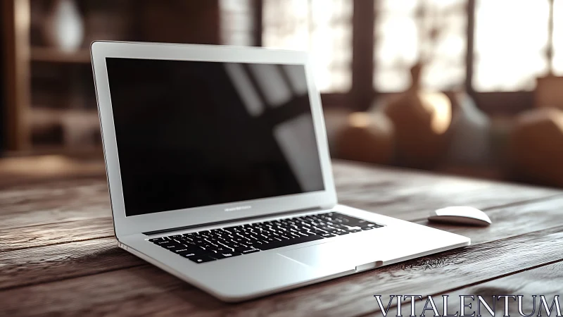 Silver laptop rests on rustic wooden desk in soft daylight.