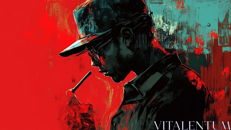 Side-profile digital portrait of man in cap with stylus, red field