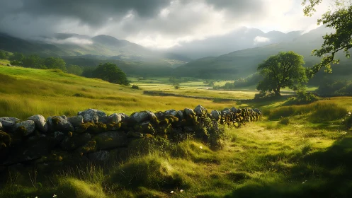 Sunlit valley meadow with stone wall under storm clouds.