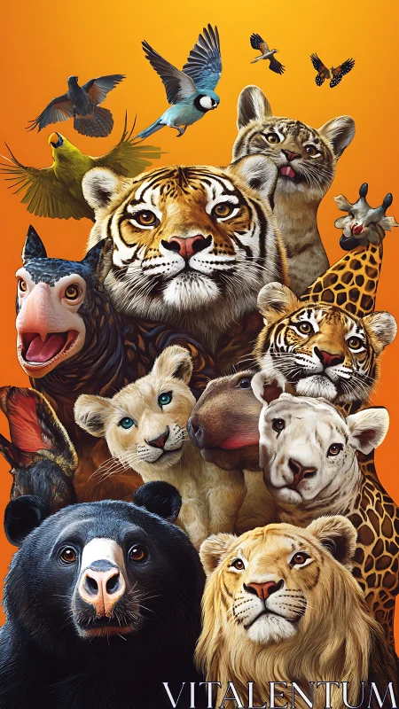 Multi-species composite wildlife portrait with hierarchical compositional arrangement against warm g