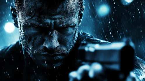 Close-quarters gunman under heavy rain with high-contrast blue rim light