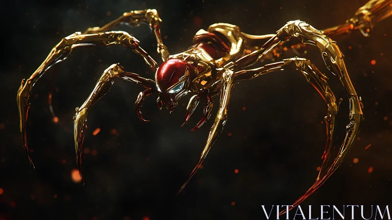 Golden biomech spider prowls through glowing embers in darkness.