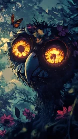 Owl-like forest creature with fiery glowing eyes at dusk
