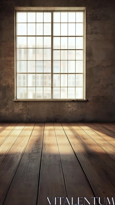 Sunlit wooden floorboards stretch toward a softly frosted window