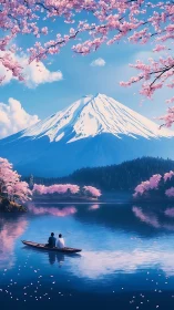 Blossom-draped lake dream below a serene snow peak.