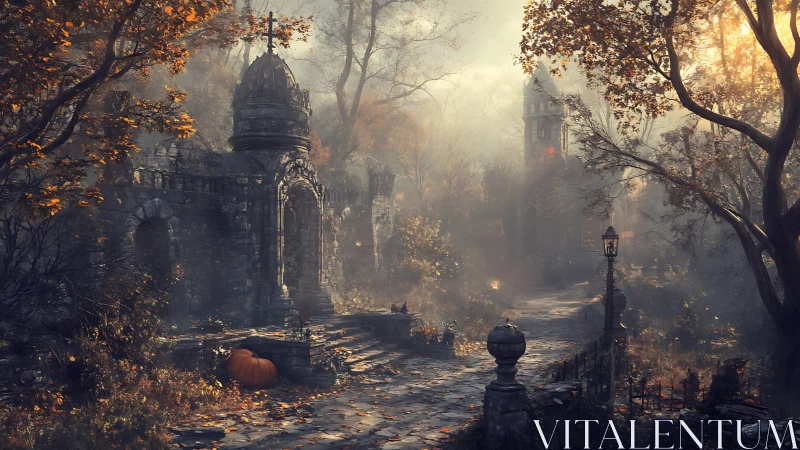 Fog-draped gothic path winding toward a haunted stone tower.