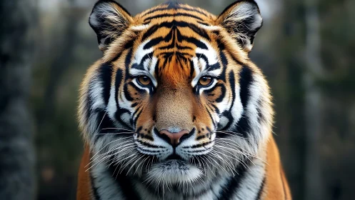 Front-facing Bengal tiger portrait in shallow forest depth of field