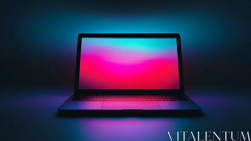 Laptop screen displays gradient colors under low-key lighting