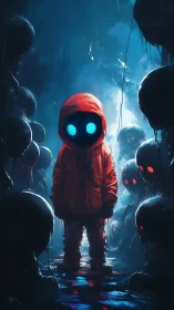 Child in red hooded jacket surrounded by glowing eyed figures