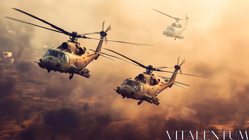 Helicopters sweeping through a smoky sky in bold formation.