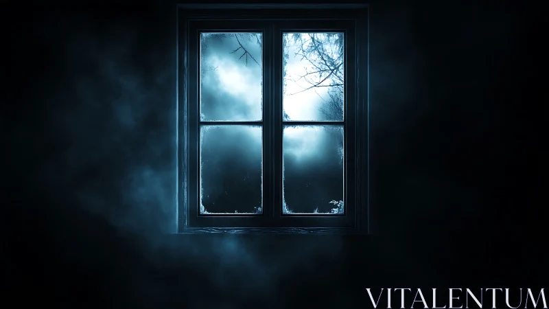 Frosted window shows misty blue night forest outside