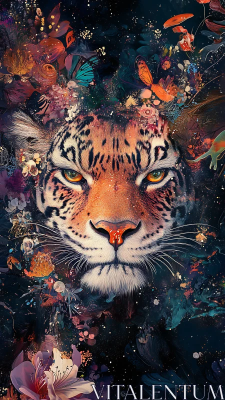 Tiger visage integrated with chromatic floral particle field.