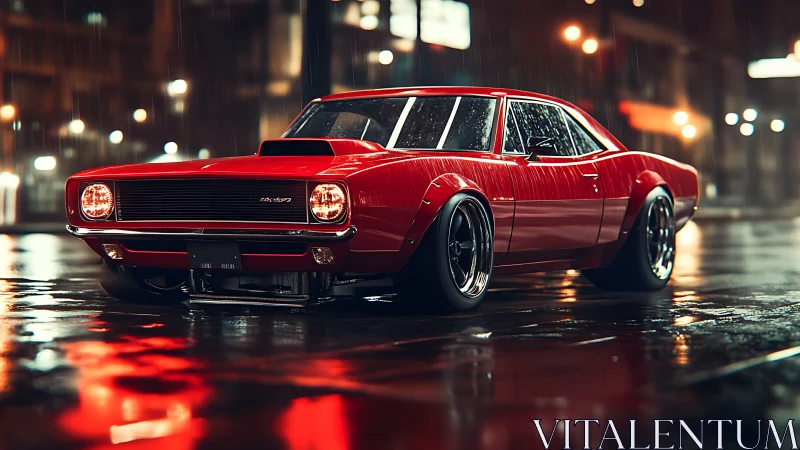 Midnight muscle car poised under neon city rainstorm.