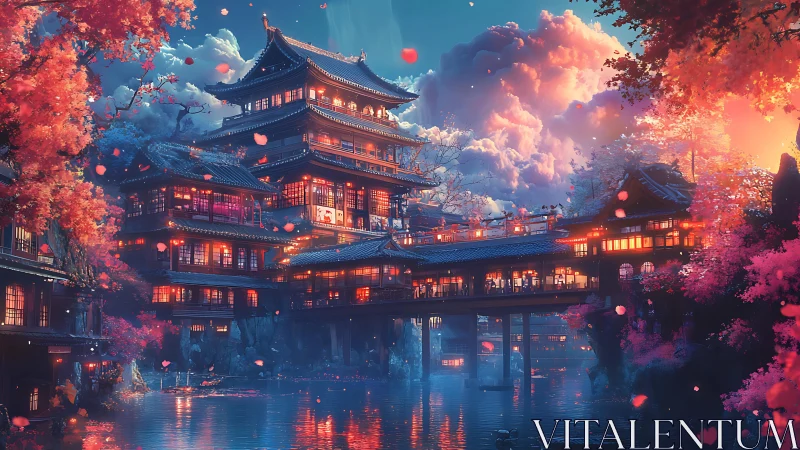 Digital painting of lantern-lit riverside pagoda complex at dusk.