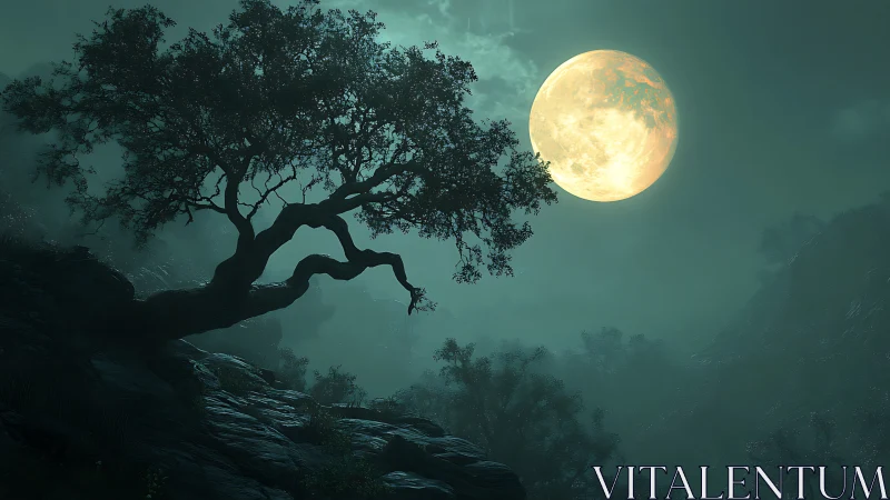 Twisted hillside tree silhouetted against luminous full moon.