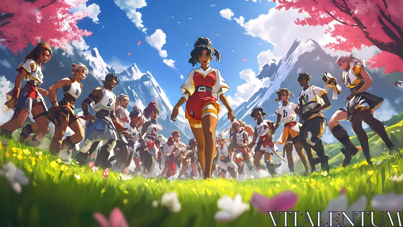 Group of runners advance across mountain meadow in sunlight