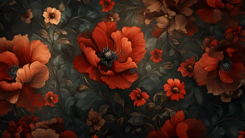 Crimson Blooms Cascade Against Shadowed Garden Symphony.