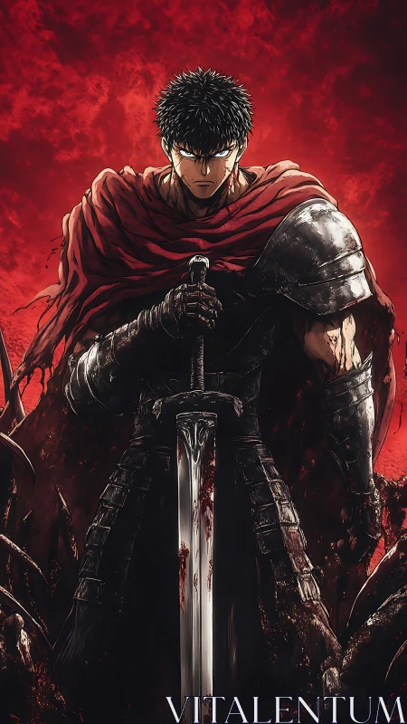 Armored swordsman dominates crimson battlefield in dramatic anime illustration