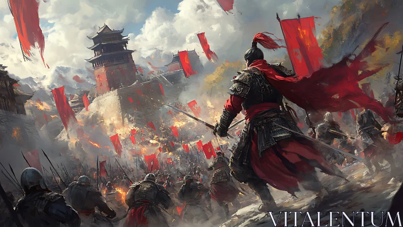 Warlord leads crimson banners storming fortified citadel.