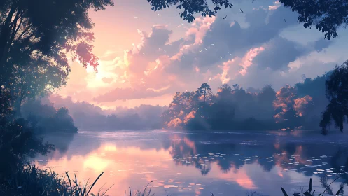 Spectral twilight over reflective lakeside canopy geometry.