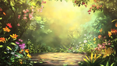 Sunlit forest clearing framed by dense flowering plants