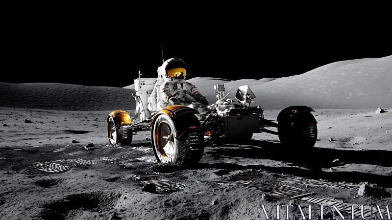 Lunar rover rolls across moon dust under stark black sky.