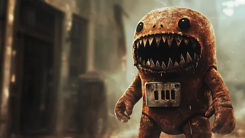 Rusty monster plush stalks a foggy abandoned city street.