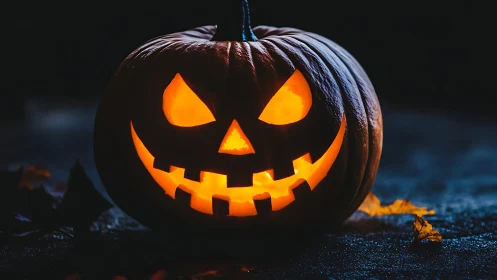 Low-key photograph captures carved jack-o’-lantern with internal glow