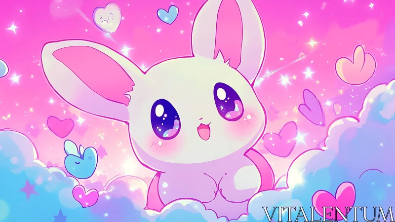 Cute pastel bunny floats in dreamy heart filled cotton clouds