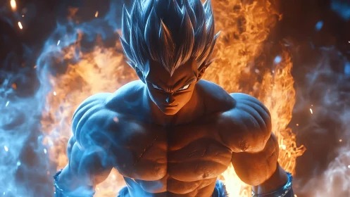 Hyper-real anime warrior amid opposing blue and orange flames