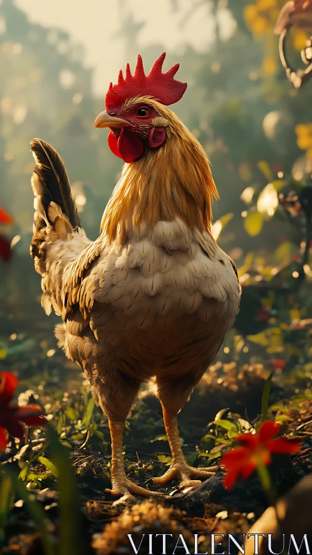 Golden Rooster Strikes a Proud Pose Amid Garden Blooms