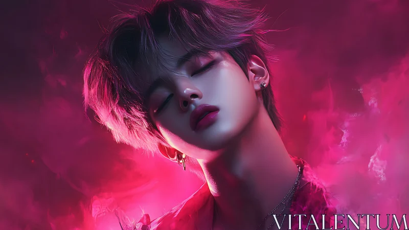 Androgynous portrait glows in neon pink dream haze