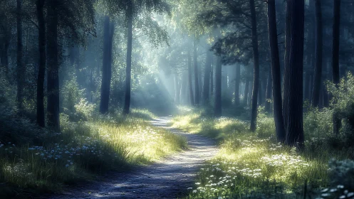 Sunlit Path Through Misty Forest Cathedral.
