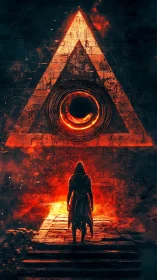 Hooded wanderer confronts fiery cosmic triangle gate.