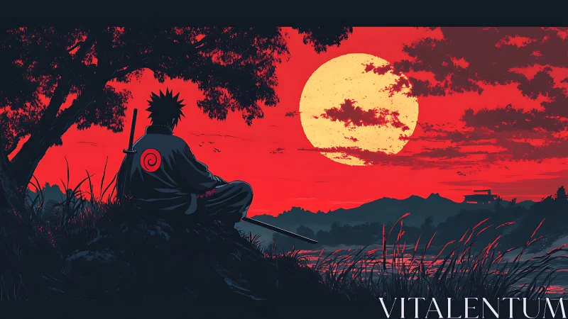 Solitary swordsman watches colossal moon over crimson sky