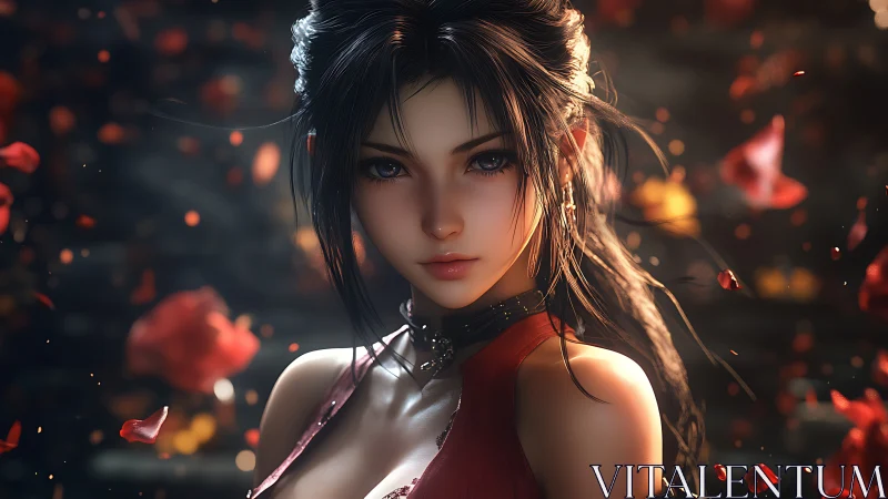 Enchanted warrior gazes softly amid swirling crimson petals