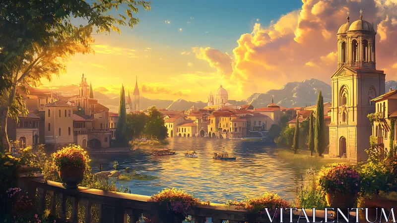 Sunlit lakefront village glows beneath storybook clouds