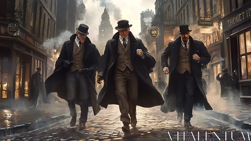 Victorian detectives stride through foggy cobblestone street.