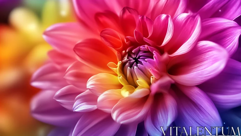 Radiant dahlia petals unfold in a soft rainbow embrace